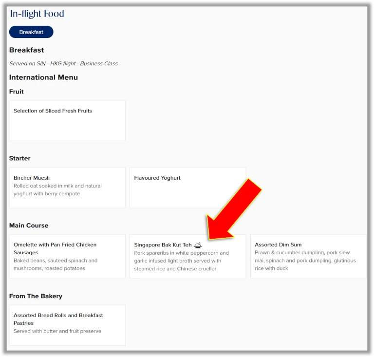 Singapore Airlines menu
